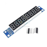 8 Digit 7 Segment Module Assembled MAX7219 - a blue circuit board with an 8-digit display, five input pins, and two separate sets of header pins.