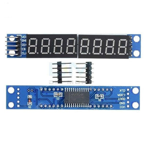 8 Digit 7 Segment Module Assembled MAX7219 - two blue circuit boards with 8-digit displays, a MAX7219 chip, and two sets of header pins.
