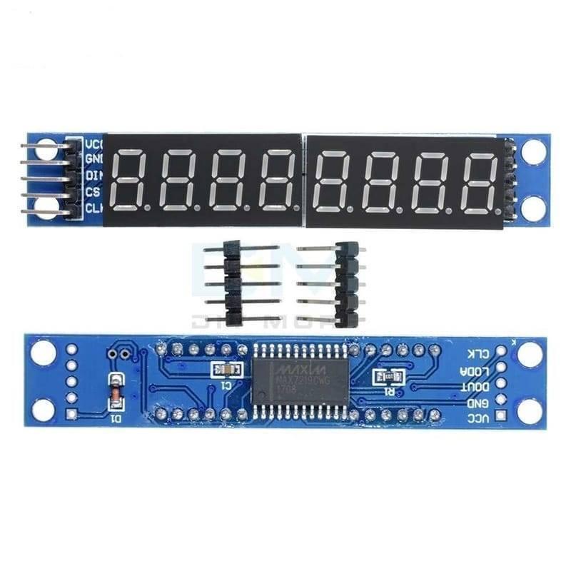 8 Digit 7 Segment Module Assembled MAX7219 - two blue circuit boards with 8-digit displays, a MAX7219 chip, and two sets of header pins.