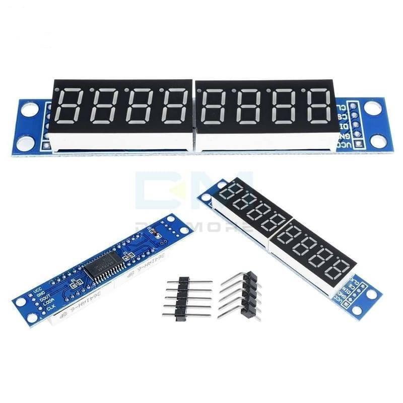 8 Digit 7 Segment Module Assembled MAX7219 - two blue circuit boards with 8-digit LED displays, a rear view of the board, and two pin headers.