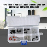 8 Grid Electronic Component Organizer Storage Box Tool Case F-141 - a clear plastic, rectangular 8-slot storage box filled with various small hardware parts.