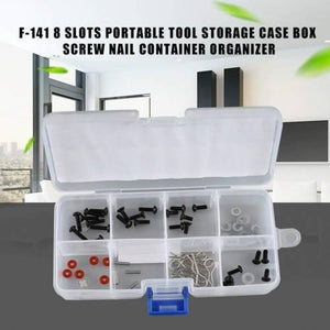 8 Grid Electronic Component Organizer Storage Box Tool Case F-141 - a clear plastic, rectangular 8-slot storage box filled with various small hardware parts.