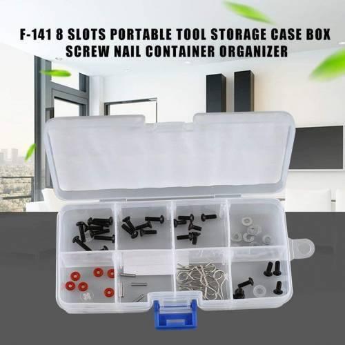 8 Grid Electronic Component Organizer Storage Box Tool Case F-141 - a clear plastic, rectangular 8-slot storage box filled with various small hardware parts.
