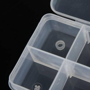 8 Grid Electronic Component Organizer Storage Box Tool Case F-141 - a close-up view of the empty, translucent plastic compartments with dividers.