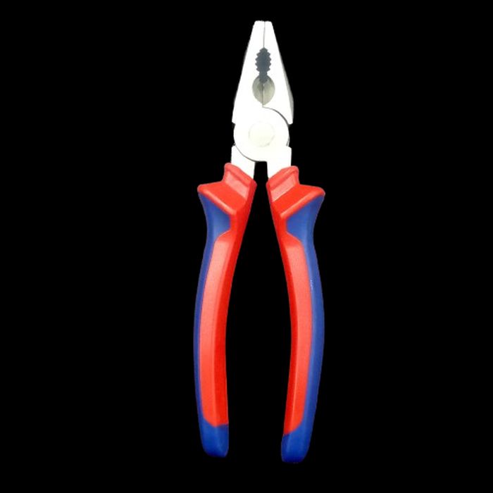 8 Inch Plier - a metallic head and ergonomic handles with a red and blue dual-tone grip against a black background.