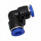 8 mm Hose Connector Plastic Joint For Low Pressure l Type Mist Cooling Nozzle - black L-shaped pneumatic elbow fitting with two blue push-to-connect ports and a small mounting hole.