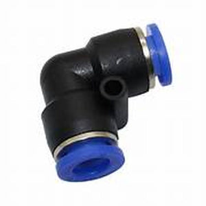 8 mm Hose Connector Plastic Joint For Low Pressure l Type Mist Cooling Nozzle - black L-shaped pneumatic elbow fitting with two blue push-to-connect ports and a small mounting hole.