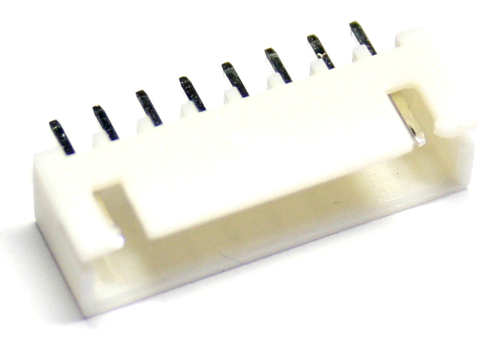 8 Pin 2.5mm JST Xh Style PCB Mount Male Connector - shown as a white plastic housing with eight vertical metal pins extending from the top.