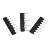 8 Pin Network Resistor Array DIP A472J - three black, rectangular, single-in-line resistor packages with silver pins on a white background.