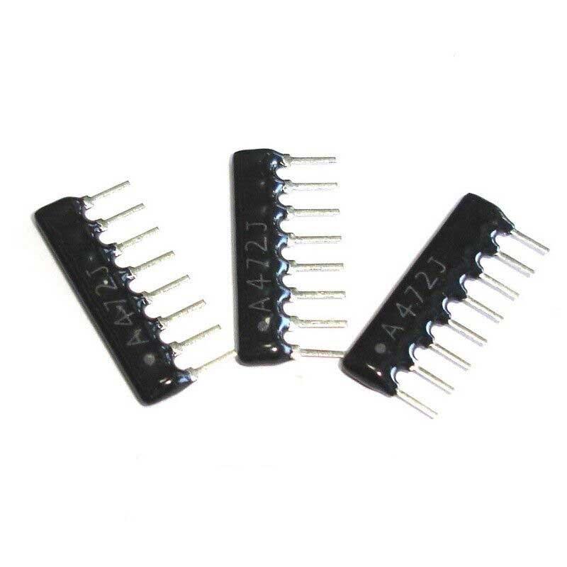 8 Pin Network Resistor Array DIP A472J - three black, rectangular, single-in-line resistor packages with silver pins on a white background.