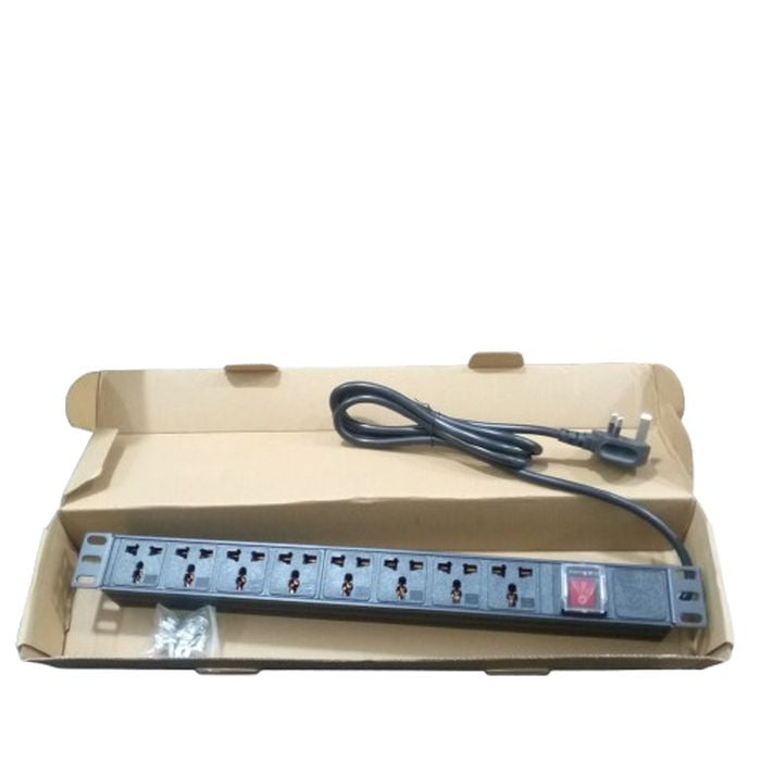 8 Ports Universal Multi-socket Pdu Power Distribution Unit For Industrial Use - shown in its cardboard packaging with an attached power cable and a set of mounting screws.