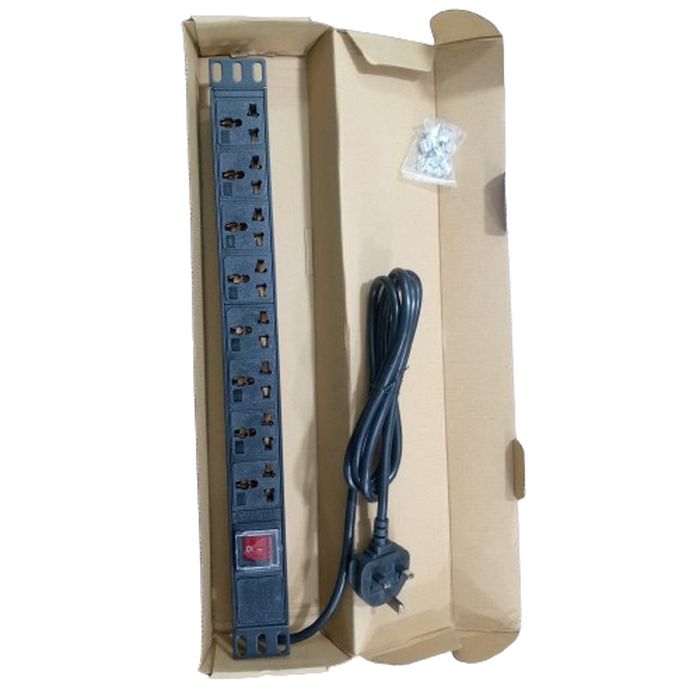 8 Ports Universal Multi-socket Pdu Power Distribution Unit For Industrial Use - shown in its cardboard packaging with a power cord, plug, and mounting screws.