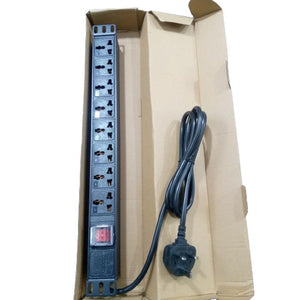 8 Ports Universal Multi-socket Pdu Power Distribution Unit For Industrial Use - shown in its cardboard packaging with an attached black power cord and a red power switch.