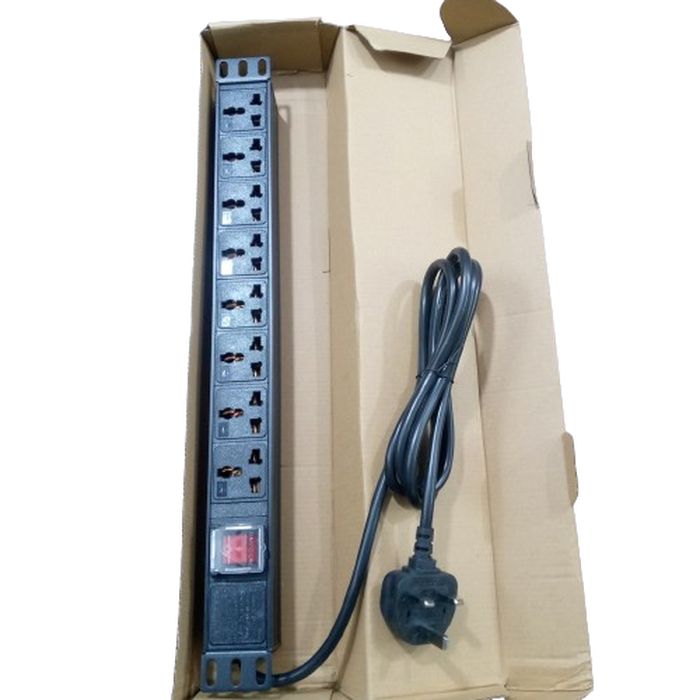 8 Ports Universal Multi-socket Pdu Power Distribution Unit For Industrial Use - shown in its cardboard packaging with an attached black power cord and a red power switch.