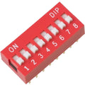 8-position DIP Switch – Slide Type, PCB Mount, 8-bit Manual Address Switch - a red rectangular electronic component with eight white manual slide switches numbered 1 through 8 on the top surface.