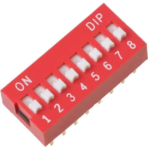 8-position DIP Switch – Slide Type, PCB Mount, 8-bit Manual Address Switch - a red rectangular electronic component with eight white manual slide switches numbered 1 through 8 on the top surface.
