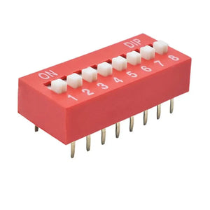 8-position DIP Switch – Slide Type, PCB Mount, 8-bit Manual Address Switch - a red rectangular PCB-mount component featuring eight white manual slide switches numbered 1 through 8.