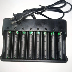 8 Slot 18650 Charger Li Ion Battery Charger 220V Input - a black plastic charging station with eight battery slots, spring terminals, and an attached cord.