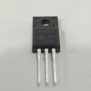 800R450 Power MOSFET N-channel - a black three-pin electronic component with 800R450, PDG, and FQSDG5 printed on its surface.
