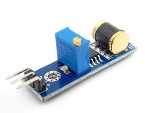 801S Vibration Sensor For Arduino Discontinued product - a blue rectangular circuit board with a three-pin header, a blue potentiometer, and a cylindrical black and gold component.