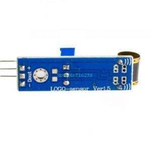 801S Vibration Sensor For Arduino Discontinued product - a blue rectangular circuit board with a gold-coloured cylindrical sensor, three connection pins, and a blue potentiometer.