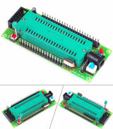 8051 89C51 89S51 Development board Microcontroller Programm Downloader - a green PCB with a large ZIF socket, a reset button, a power switch, a DC jack, and a crystal oscillator.