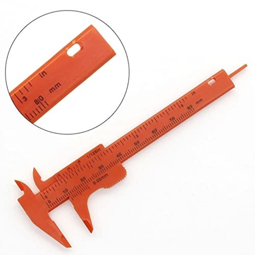 80mm Plastic Vernier Caliper | Dual Scale Mini Measuring Tool - an orange sliding measuring tool with a main scale and a zoomed-in circular inset showing the 80mm and inch markings.