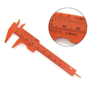 80mm Plastic Vernier Caliper | Dual Scale Mini Measuring Tool - shown as an orange plastic tool with a close-up inset view of the measurement scales.
