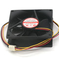 80mm X 80mm 12V 3 Wire Fan - a black square cooling fan with a red center label, attached wires, and a white 3-pin connector.