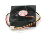 80mm X 80mm 12V 3 Wire Fan - a black square cooling fan with a red center label, attached wires, and a white 3-pin connector.