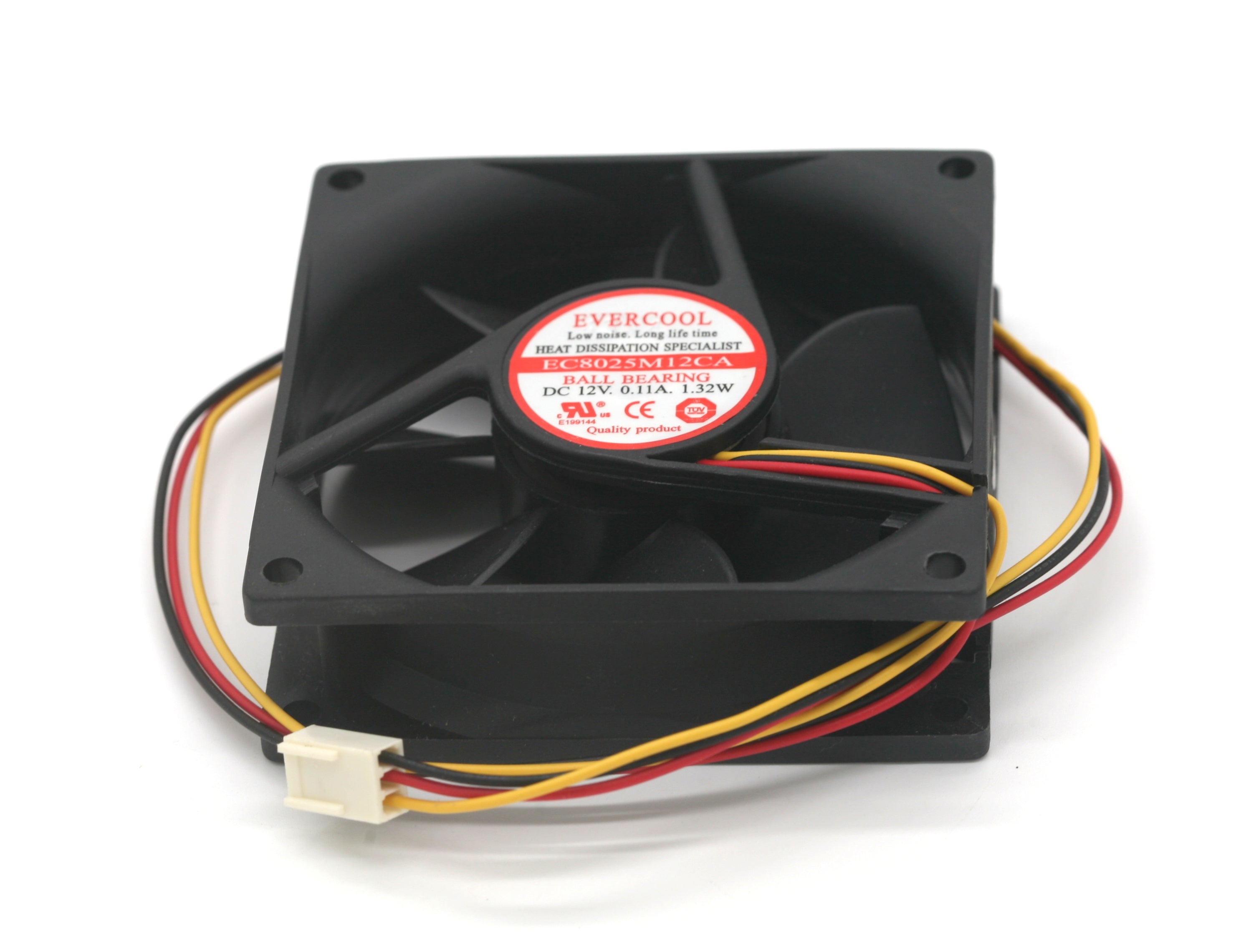 80mm X 80mm 12V 3 Wire Fan - a black square cooling fan with a red center label, attached wires, and a white 3-pin connector.
