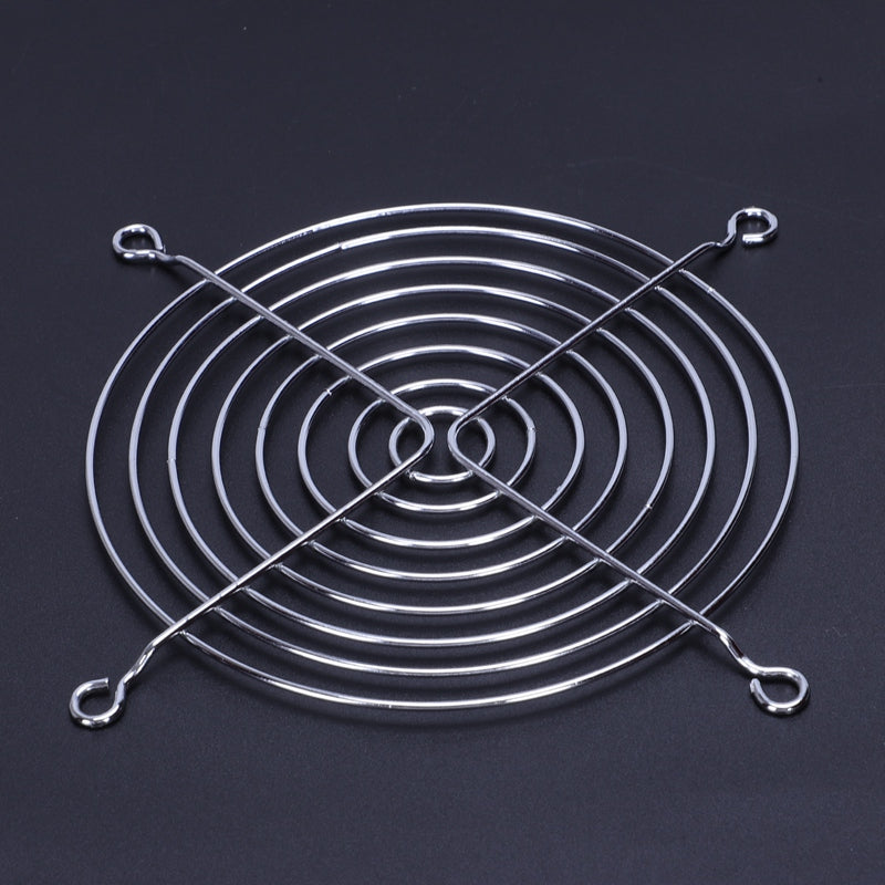80mm x 80mm Fan Guard For 3 Inch By 3 Inch - a circular silver-colored metal wire grille with four mounting loops, centered on a plain black background.