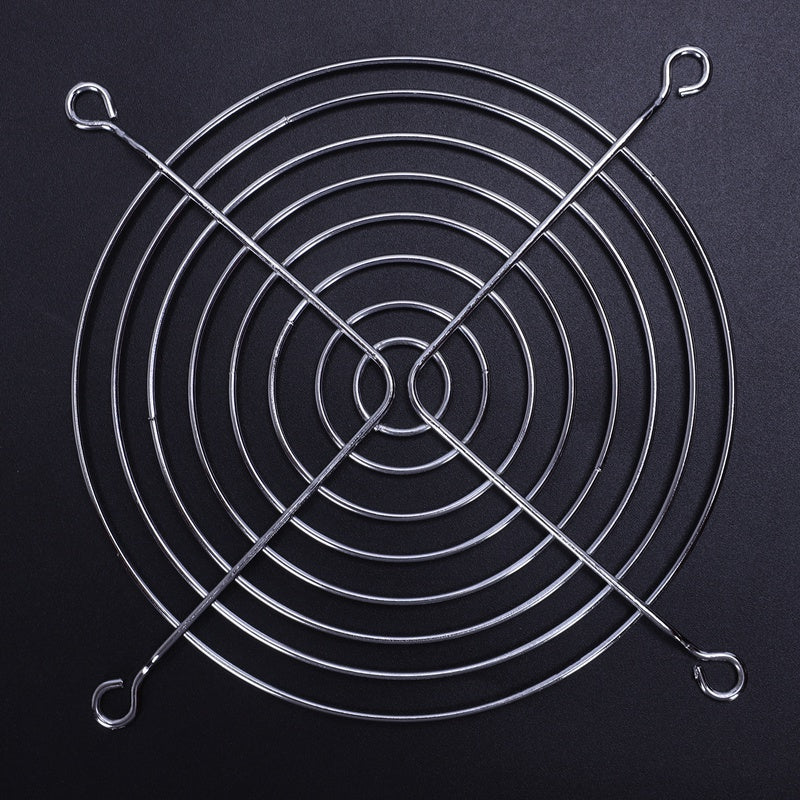 80mm x 80mm Fan Guard For 3 Inch By 3 Inch - a circular, silver-coloured metal wire grille with four mounting loops on a black background.