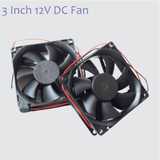80mm x 80mm X25MM 12V DC Exhaust Fan 3 Inch x 3 Inch 12V Fan - two black square cooling fans with seven blades each and red and black power wires.