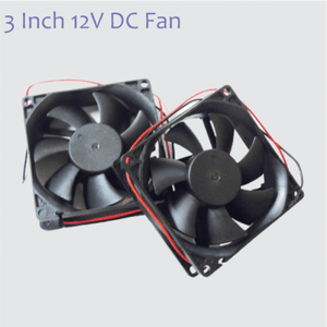 80mm x 80mm X25MM 12V DC Exhaust Fan 3 Inch x 3 Inch 12V Fan - two black square cooling fans with seven blades each and red and black power wires.