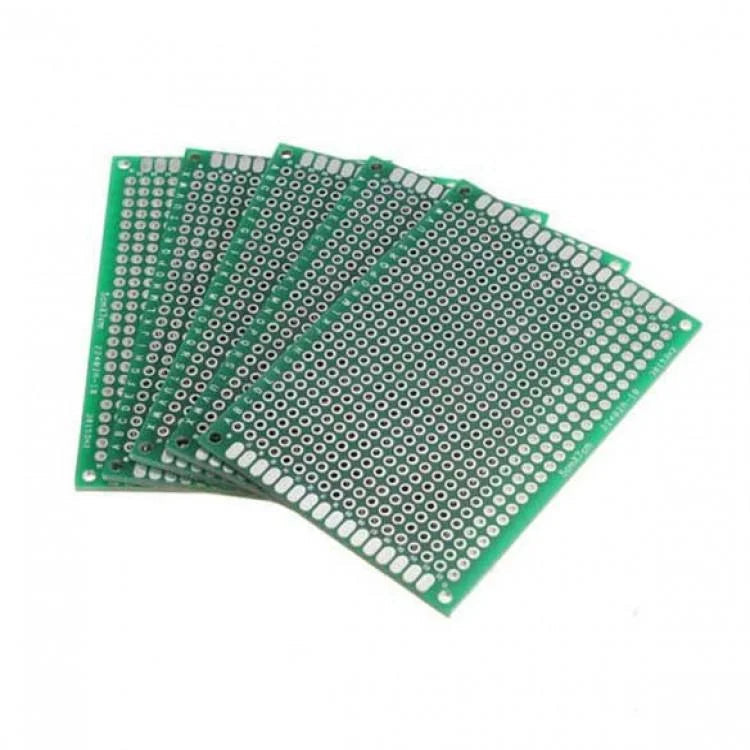 8cm X 12cm Single Sided FR4 Fiber Glass Dotted Veroboard - shown as a stack of five rectangular green circuit boards with a grid of copper-plated holes.
