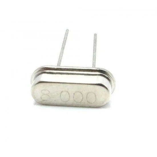 8MHz Crystal Oscillator - shown as a silver-coloured metal component with two thin wire leads and the number 8.000 printed on its front face.
