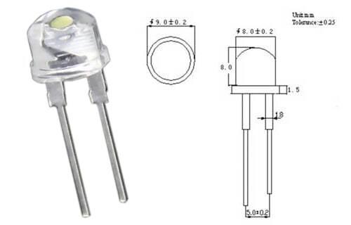 8mm LED Lamp White Color LED 0.5watt - shown as a physical component next to a technical line drawing with dimension labels in millimeters.