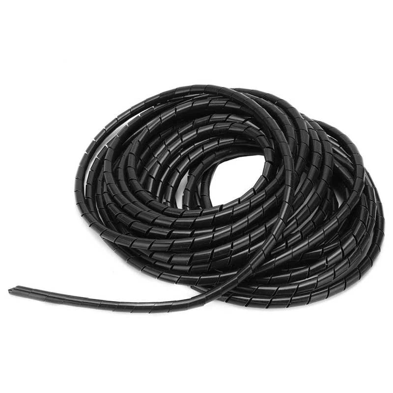 8mm Spiral Wrap Band To Organize Wiring 10 Meter - a coiled length of black, flexible plastic spiral cable management wrap on a white background.