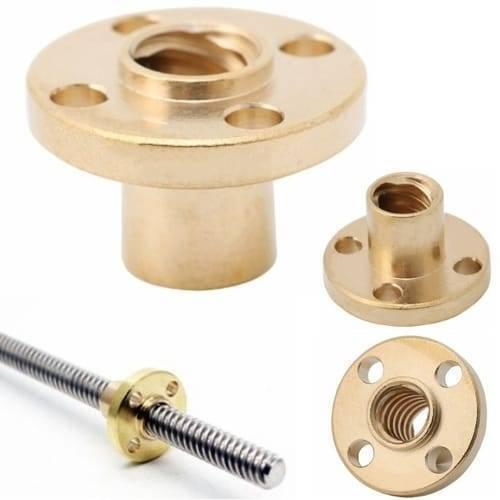 8mm T8X2 Trapezoidal Acme Shaft Lead Thread Rod Brass Screw Nut - shown in multiple views, including a close-up of the nut mounted on a threaded rod.
