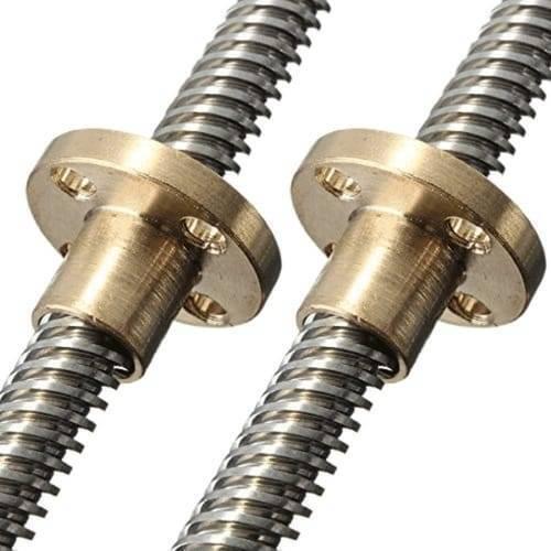 8mm T8X2 Trapezoidal Acme Shaft Lead Thread Rod Brass Screw Nut - two silver threaded metal rods each fitted with a circular brass nut.