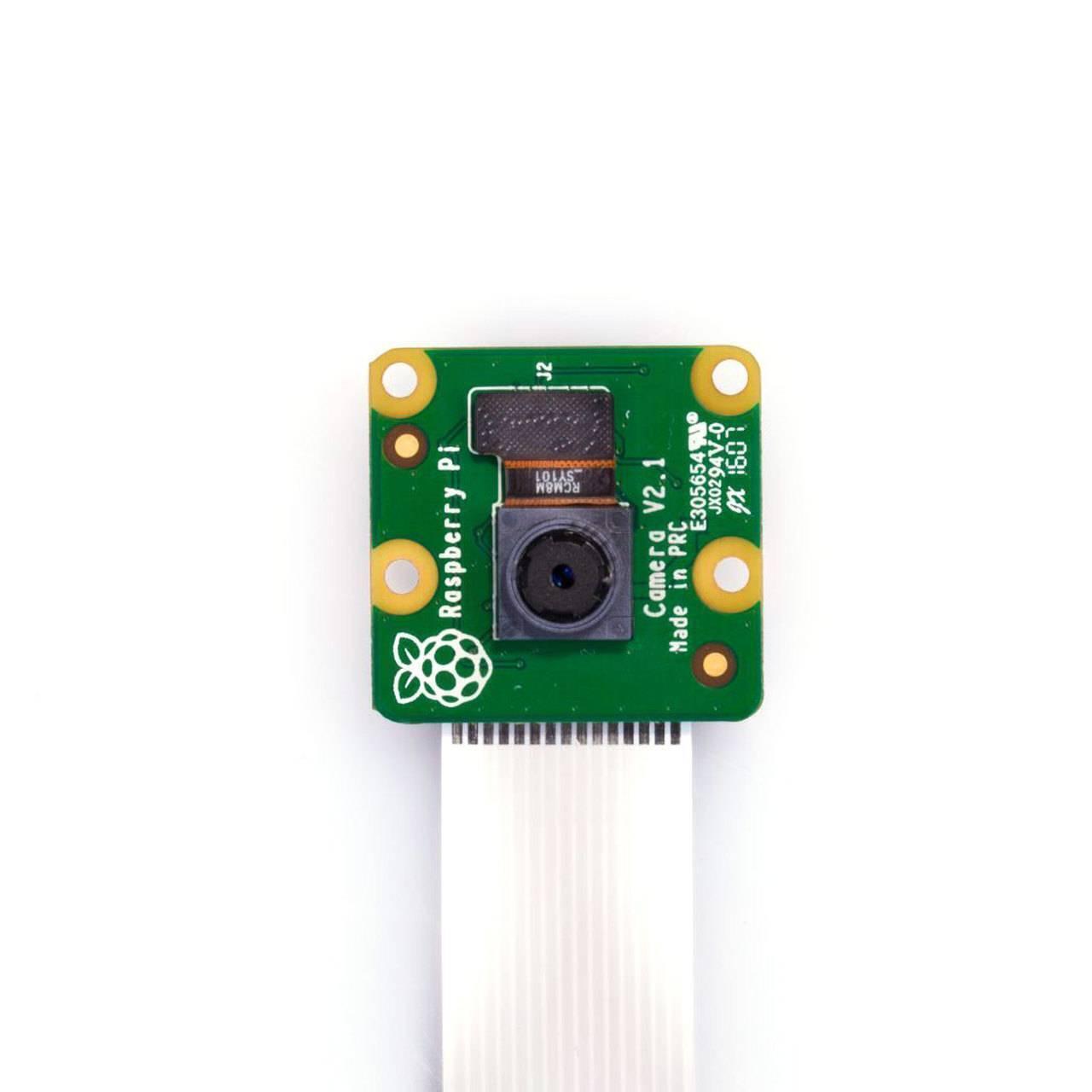 8MP Raspberry Pi Camera Module V2 - a green square circuit board with a central black lens and a white ribbon cable attached at the bottom.
