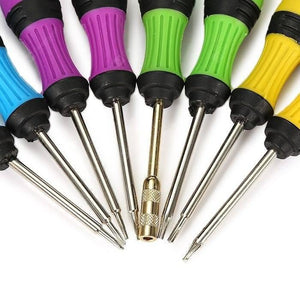8pcs Multifunction Repairing Screwdriver Set Kit Maintain Disassemble Tools 8105 - a fan-shaped arrangement of eight screwdrivers with multi-coloured handles and metal shafts.