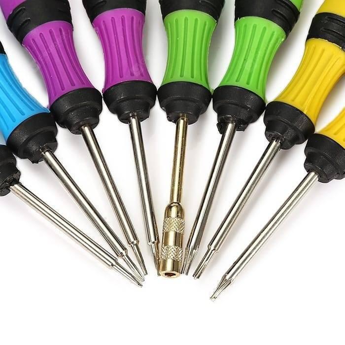 8pcs Multifunction Repairing Screwdriver Set Kit Maintain Disassemble Tools 8105 - a fan-shaped arrangement of eight screwdrivers with multi-coloured handles and metal shafts.