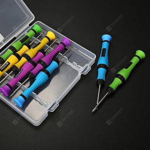 8pcs Multifunction Repairing Screwdriver Set Kit Maintain Disassemble Tools 8105 - a clear plastic case containing six colourful screwdrivers with two additional ones outside.