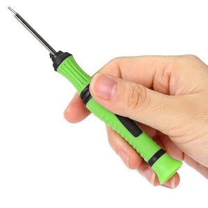 8pcs Multifunction Repairing Screwdriver Set Kit Maintain Disassemble Tools 8105 - a close-up of a hand holding a green and black precision screwdriver with a thin metal shaft.