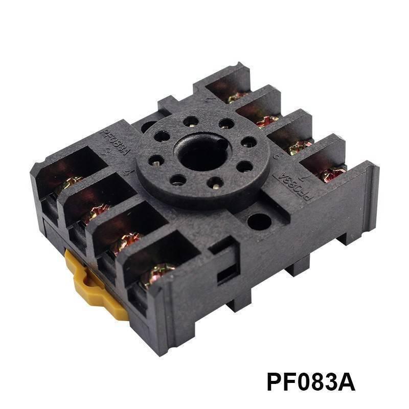 8pin Rail-Mount Relay Socket Relay Base - a black, square, 8-pin electrical relay base with screw terminals and a yellow mounting clip.