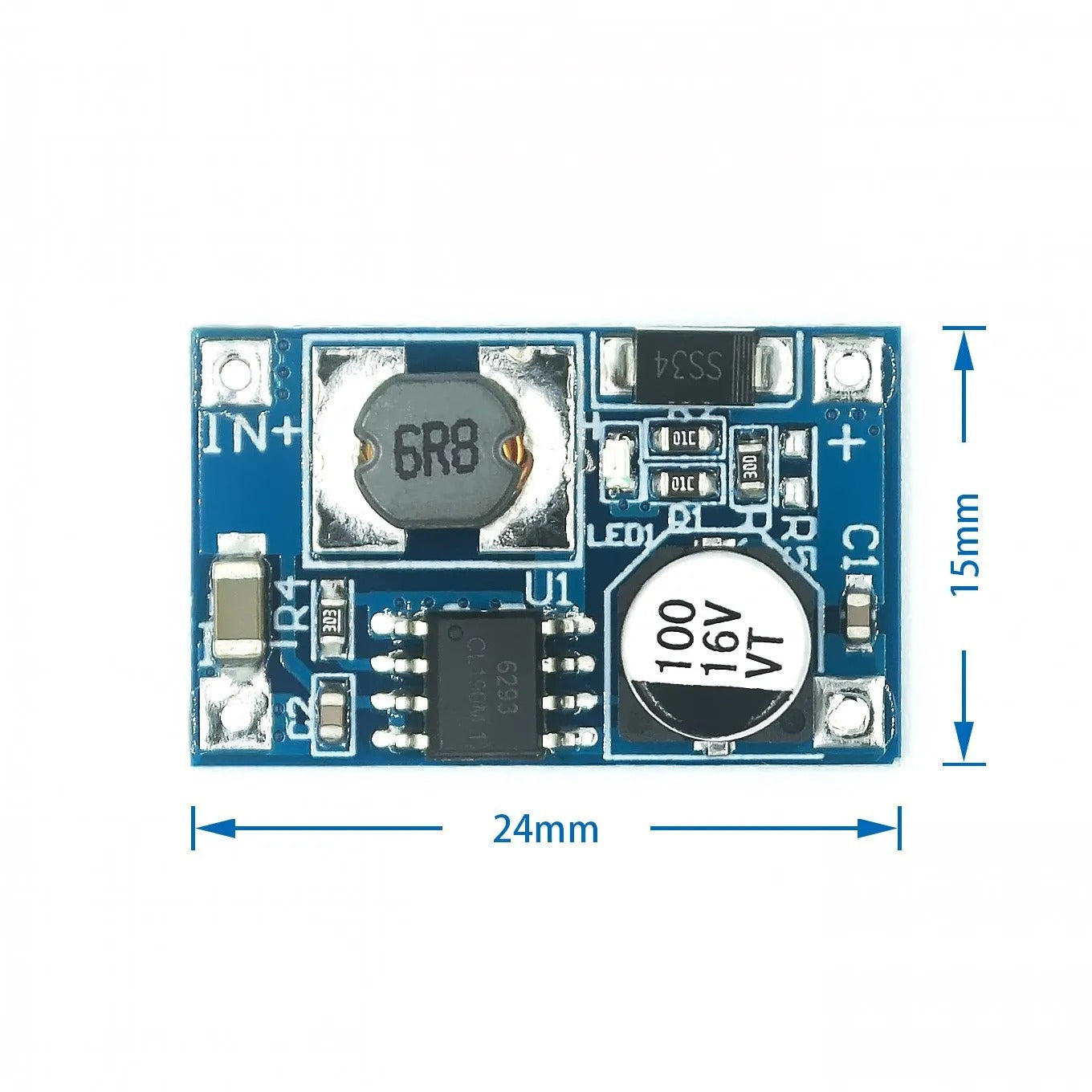 8W USB Input DC-DC 3V-6V To 12V 3A Converter Step-up Module | Digilog.pk - a blue rectangular circuit board with an inductor, capacitor, and labeled terminals.