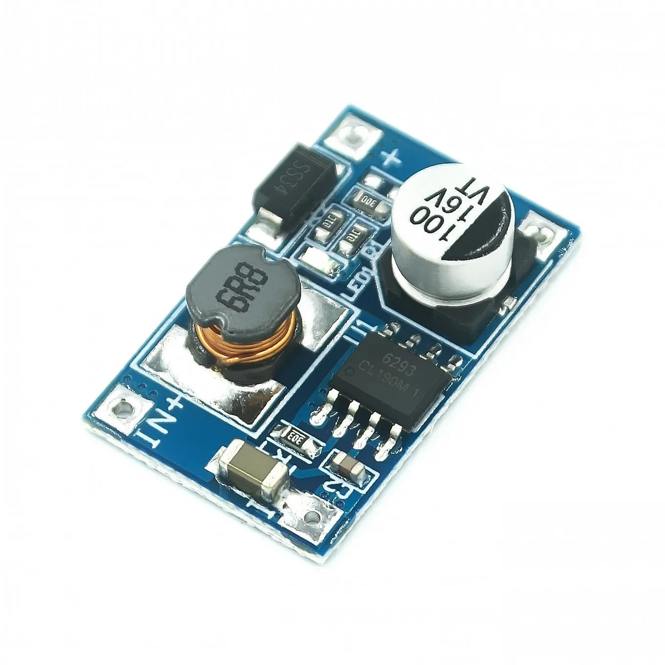 8W USB Input DC-DC 3V-6V To 12V 3A Converter Step-up Module | Digilog.pk - a blue rectangular circuit board with an inductor, a capacitor, and an integrated chip.