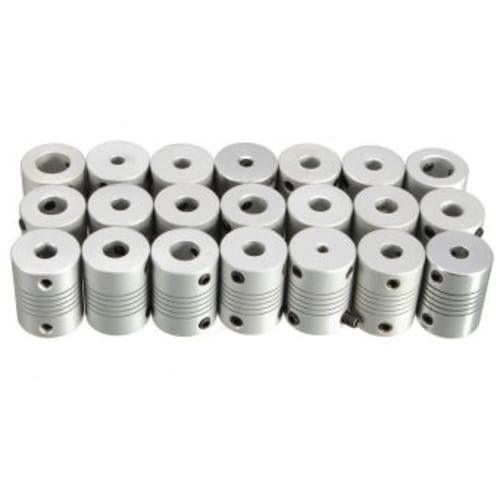8x8mm Flexible Coupling Shaft - shown as a collection of silver cylindrical metal couplings with grooved bodies and small black set screws.
